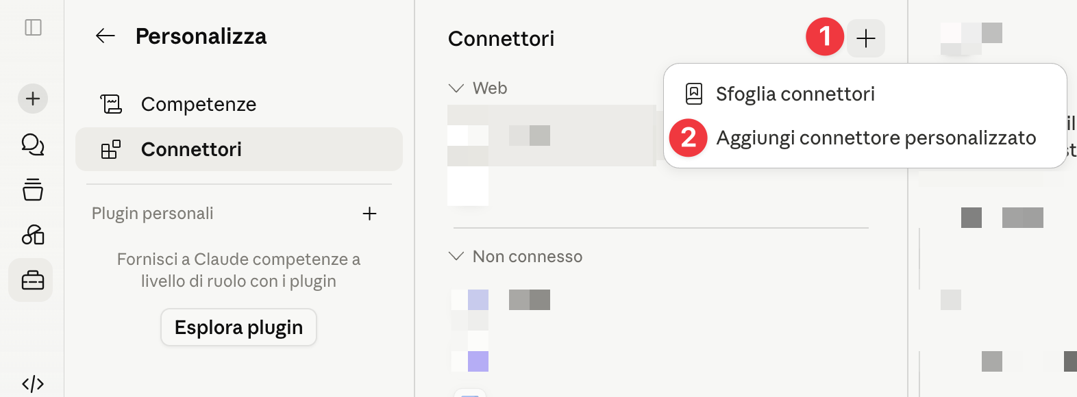 Clicca + (1) e poi Aggiungi connettore personalizzato (2)