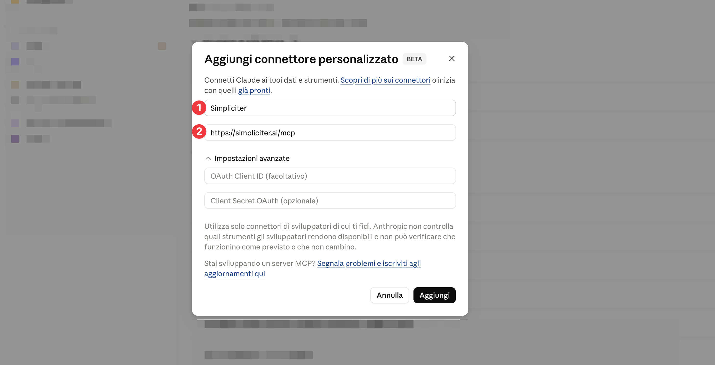 Inserisci il nome (1) e l'URL del server MCP (2)