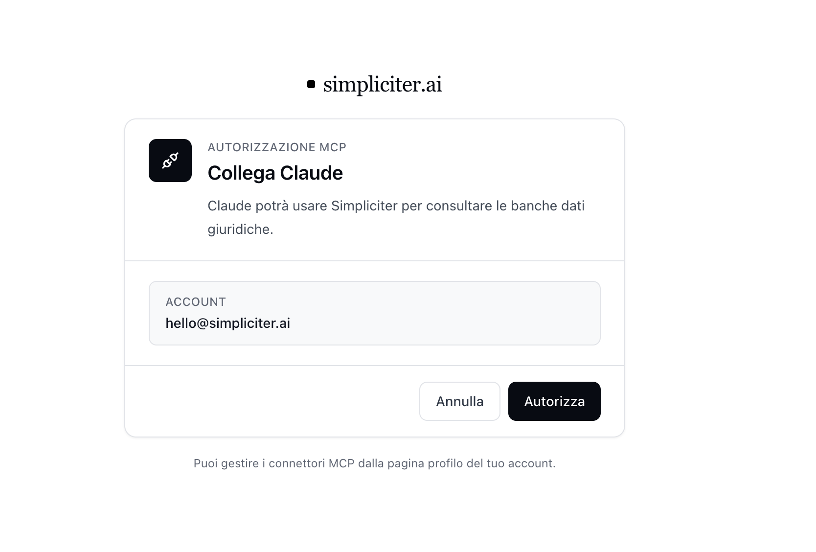 Schermata di autorizzazione MCP su Simpliciter