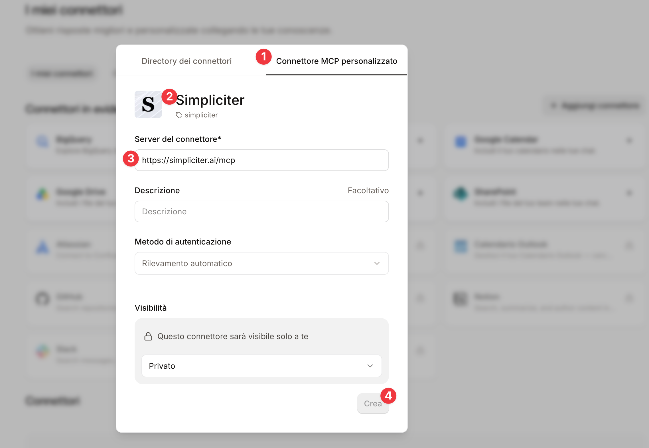 Compila il form: tab MCP personalizzato (1), nome (2), URL (3) e clicca Crea (4)
